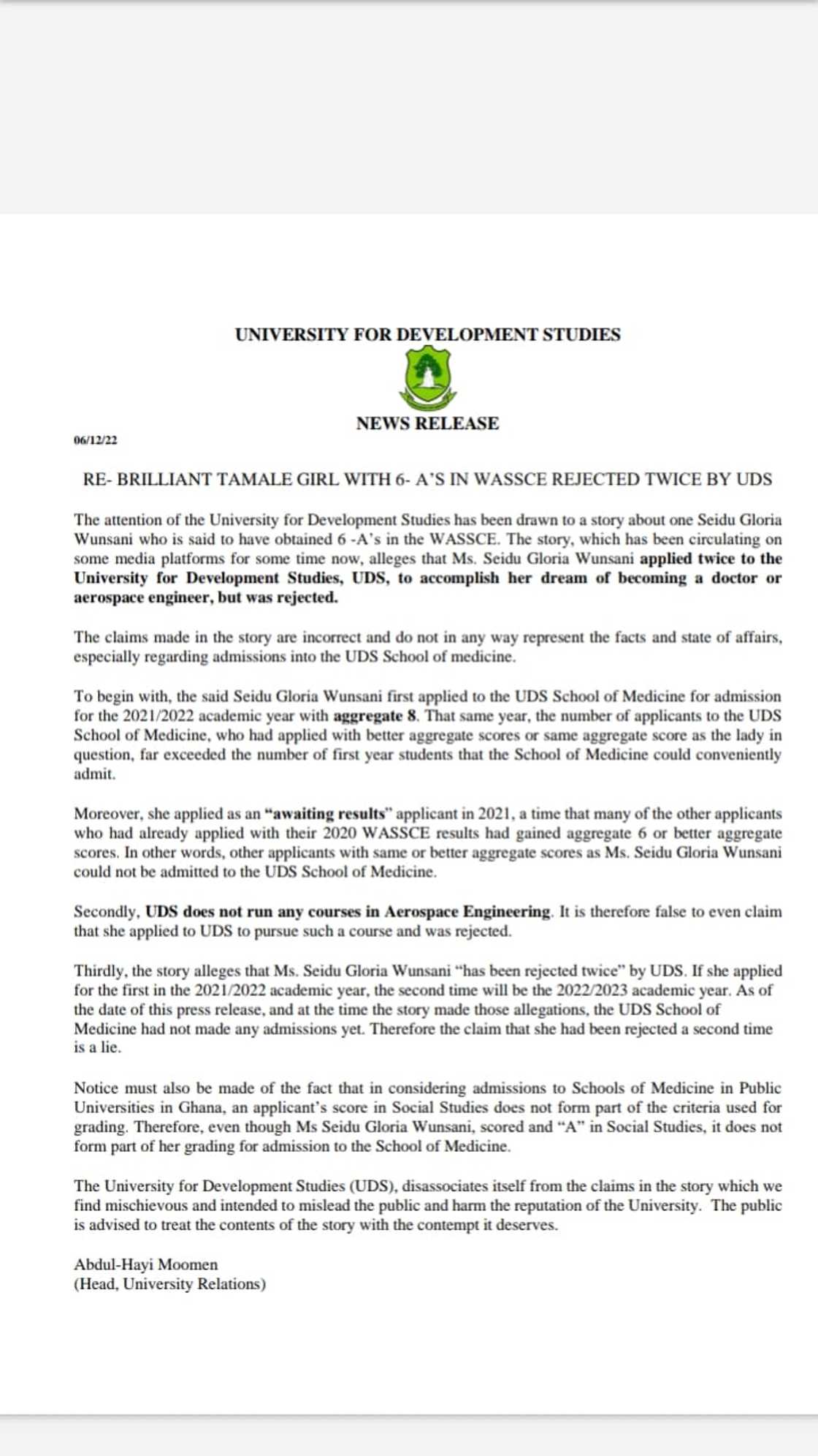 UDS release on Tamale girl with 6As in WASSCE. UDS release on Tamale girl with 6As in WASSCE.