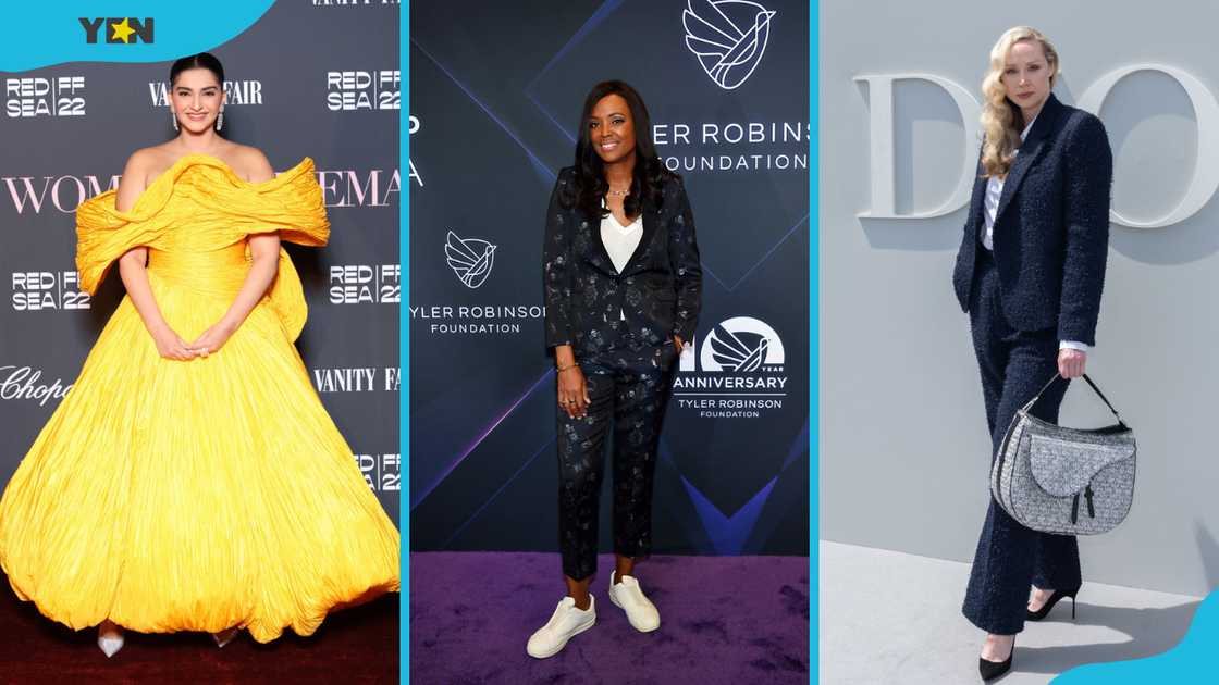 Sonam Kapoor in a yellow dress (L), Aisha Tyler in a trouser suit, and Gwendoline Christie in a navy blue trouser suit and a Dior handbag Sonam Kapoor in a yellow dress (L), Aisha Tyler in a trouser suit, and Gwendoline Christie in a navy blue trouser suit and a Dior handbag