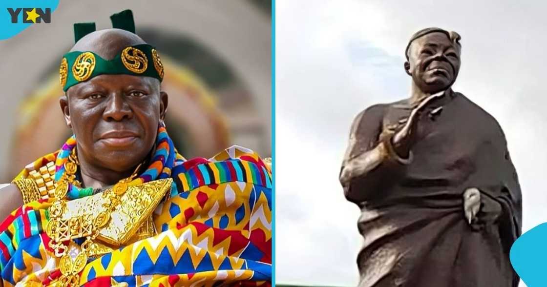 An unidentified man, statue of Asantehene, Otumfuo Osei Tutu II, Kejetia in Kumasi, Ashanti Region An unidentified man, statue of Asantehene, Otumfuo Osei Tutu II, Kejetia in Kumasi, Ashanti Region