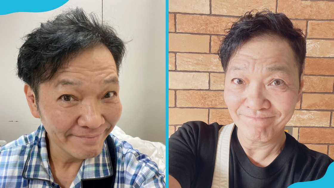 Kappei Yamaguchi is in a room sitting on a bed (L). He is outside (R) Kappei Yamaguchi is in a room sitting on a bed (L). He is outside (R)