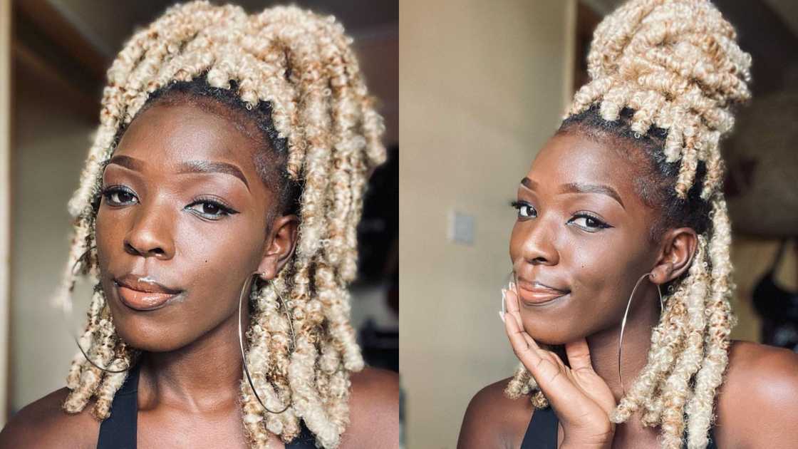 A lady rocking Blonde distressed bob locs A lady rocking Blonde distressed bob locs