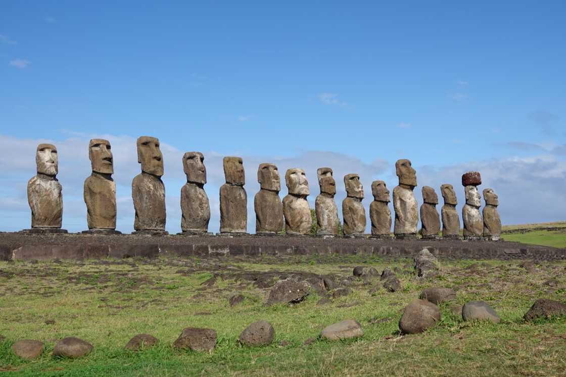 The ceremonial platform Ahu Tongariki in the southwest of Easter Island with 15 Moai. The ceremonial platform Ahu Tongariki in the southwest of Easter Island with 15 Moai.