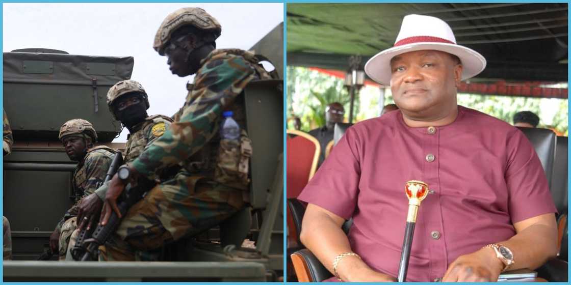 A soldier assigned to Dr Hassan Ayariga makes a move on a lady at a campaign rally.