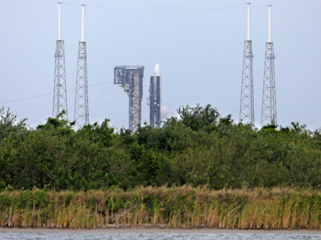 An Atlas V rocket of United Launch Alliance (ULA) is seen fueling at Space Launch Complex 41 at the Kennedy Space Center in Cape Canaveral, Florida, at dusk on April 9, 2025 An Atlas V rocket of United Launch Alliance (ULA) is seen fueling at Space Launch Complex 41 at the Kennedy Space Center in Cape Canaveral, Florida, at dusk on April 9, 2025
