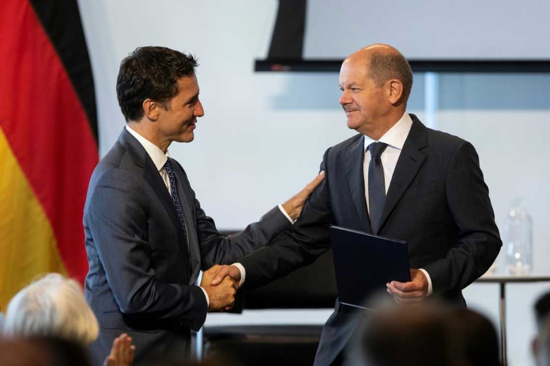 Canada's Prime Minister Justin Trudeau (L) shakes hands with German Chancellor Olaf Scholz in Toronto, where the leaders agreed to a hydrogen trade deal that could see Europe lessen its reliance on Russian energy supplies Canada's Prime Minister Justin Trudeau (L) shakes hands with German Chancellor Olaf Scholz in Toronto, where the leaders agreed to a hydrogen trade deal that could see Europe lessen its reliance on Russian energy supplies
