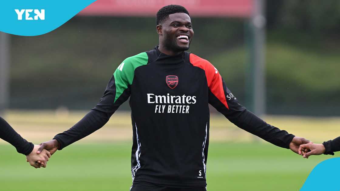 Ghana's Thomas Partey of Arsenal during a training session ahead of their UEFA Champions League 2024/25 quarter final second leg match at Sobha Realty Training Centre on April 15, 2025 in London Colney, England Ghana's Thomas Partey of Arsenal during a training session ahead of their UEFA Champions League 2024/25 quarter final second leg match at Sobha Realty Training Centre on April 15, 2025 in London Colney, England