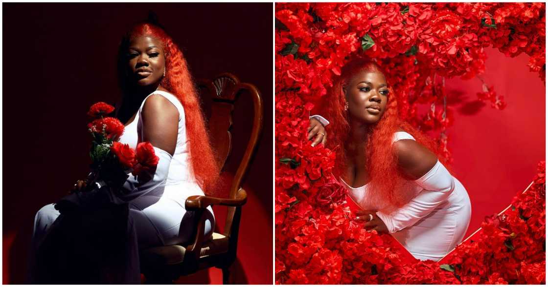Asantewaa dazzles in red wig and white dress. Asantewaa dazzles in red wig and white dress.
