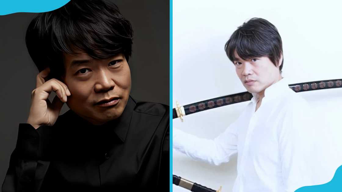 Kazuya Nakai sits on a dark background (L). He is posing on a white background (R). Kazuya Nakai sits on a dark background (L). He is posing on a white background (R).