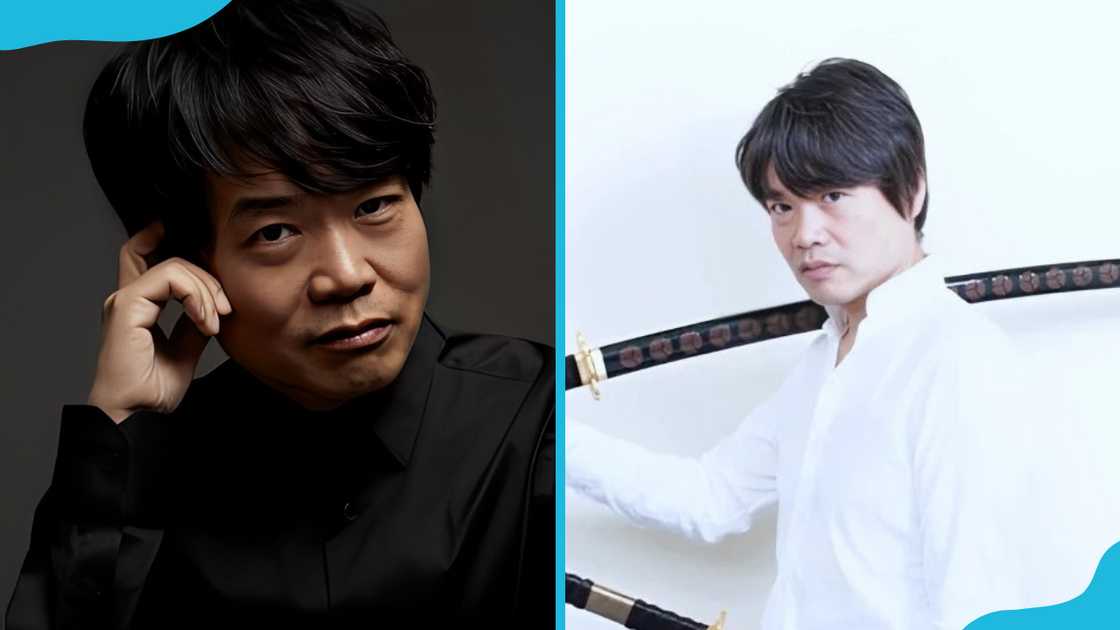 Kazuya Nakai sits on a dark background (L). He is posing on a white background (R).