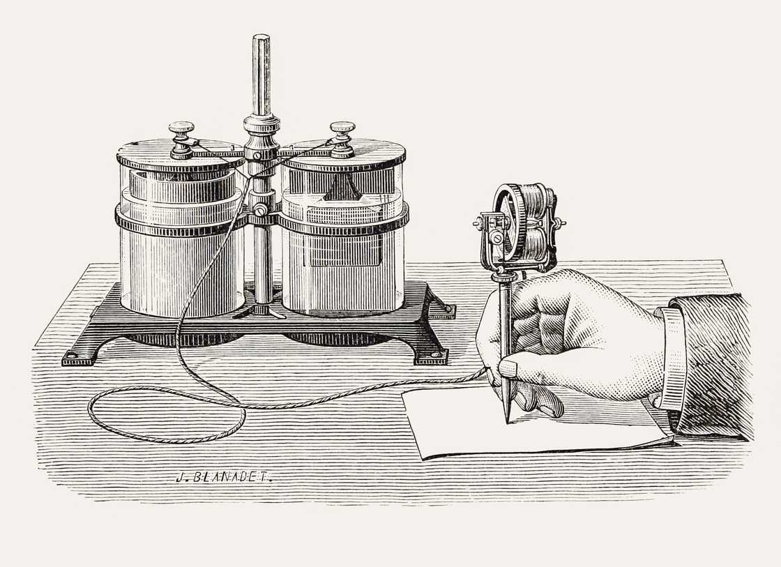 Thomas Edison's electric pen with its wet cell battery Thomas Edison's electric pen with its wet cell battery
