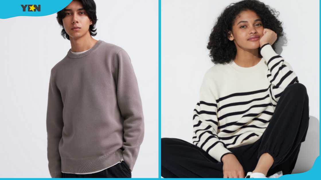 A man and a woman wearing a crew neck sweater A man and a woman wearing a crew neck sweater