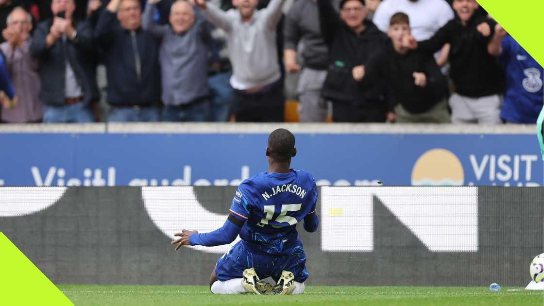 Nicolas Jackson celebrates after scoring for Chelsea against Wolves. Nicolas Jackson celebrates after scoring for Chelsea against Wolves.