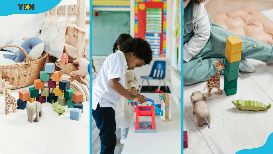 Children with assorted toys (L), children playing with toys at the school (C), and a child playing with Lego blocks (R)