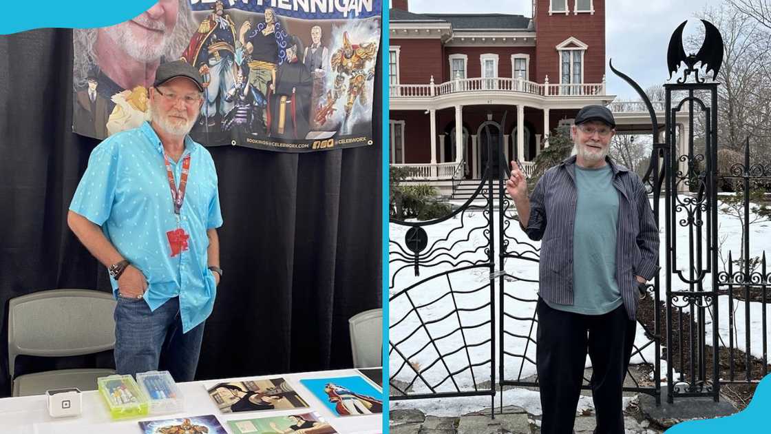 Sean Hennigan is posing for a photo in an office (L). He is outside the gate (R)