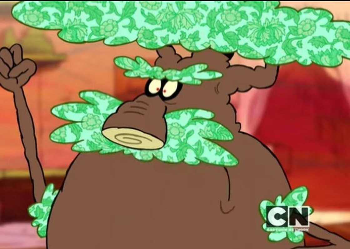 Arbor, a brown tree with green leafy patterns covering his body, from the animated series Chowder.