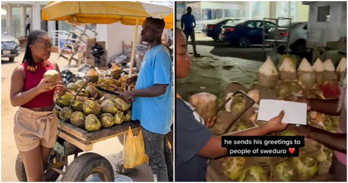 Generous lady and coconut seller