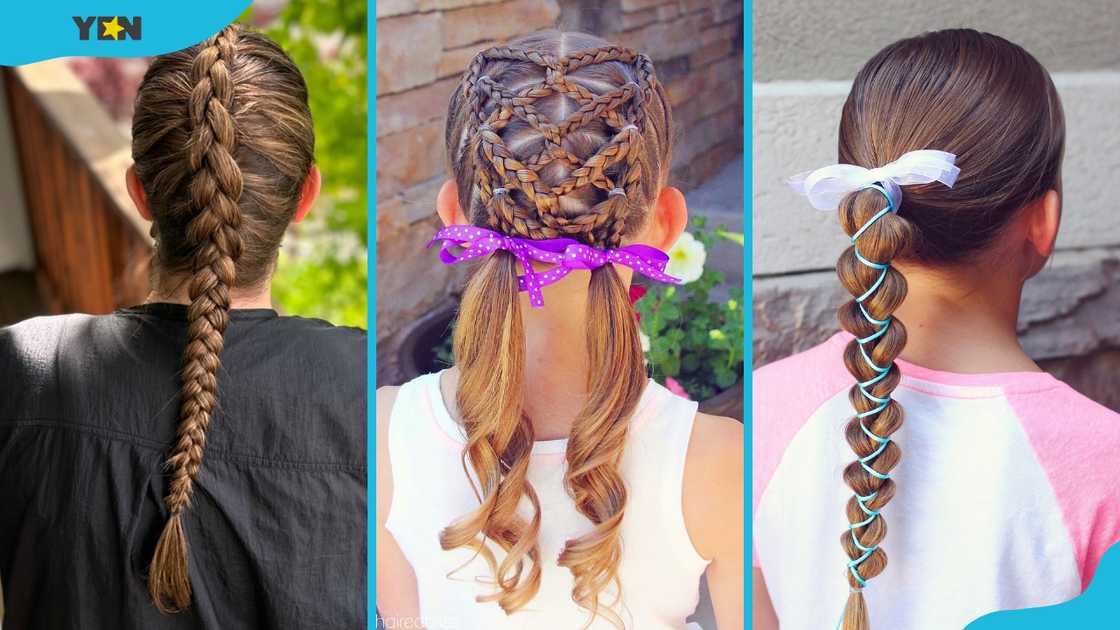Dutch braid (L), braids with ribbon (C), single braid ponytail (R) Dutch braid (L), braids with ribbon (C), single braid ponytail (R)