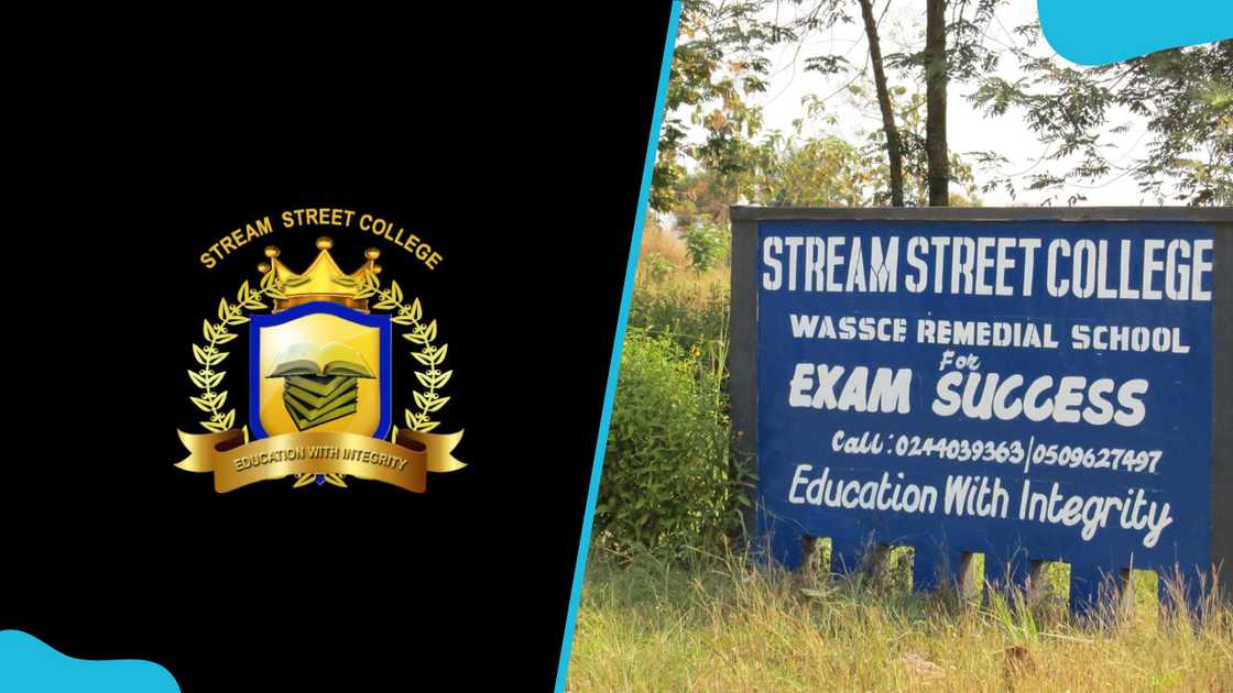 The logo of Stream Street College alongside a signboard highlighting their WASSCE remedial school.