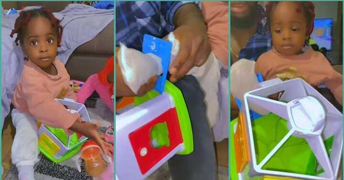 Mum reacts as little daughter's leg gets stuck inside a toy Mum reacts as little daughter's leg gets stuck inside a toy