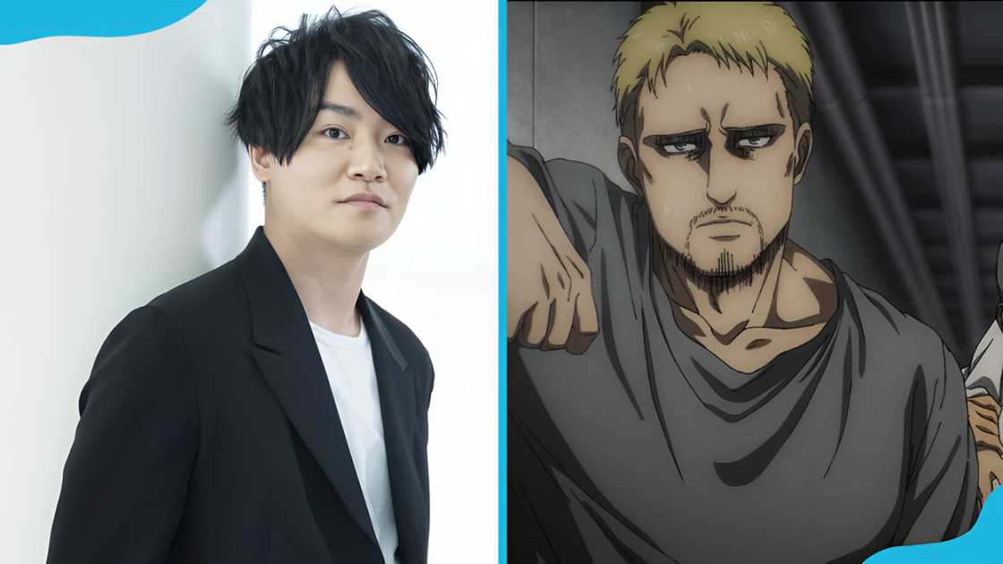 Yoshimasa Hosoya is wearing a black blazer and white t-shirt (L); Reiner Braun from Attack on Titan (R). Yoshimasa Hosoya is wearing a black blazer and white t-shirt (L); Reiner Braun from Attack on Titan (R).