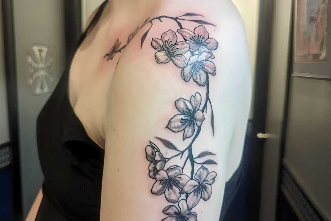 A lady is wears a cherry blossom tattoo on her shoulder