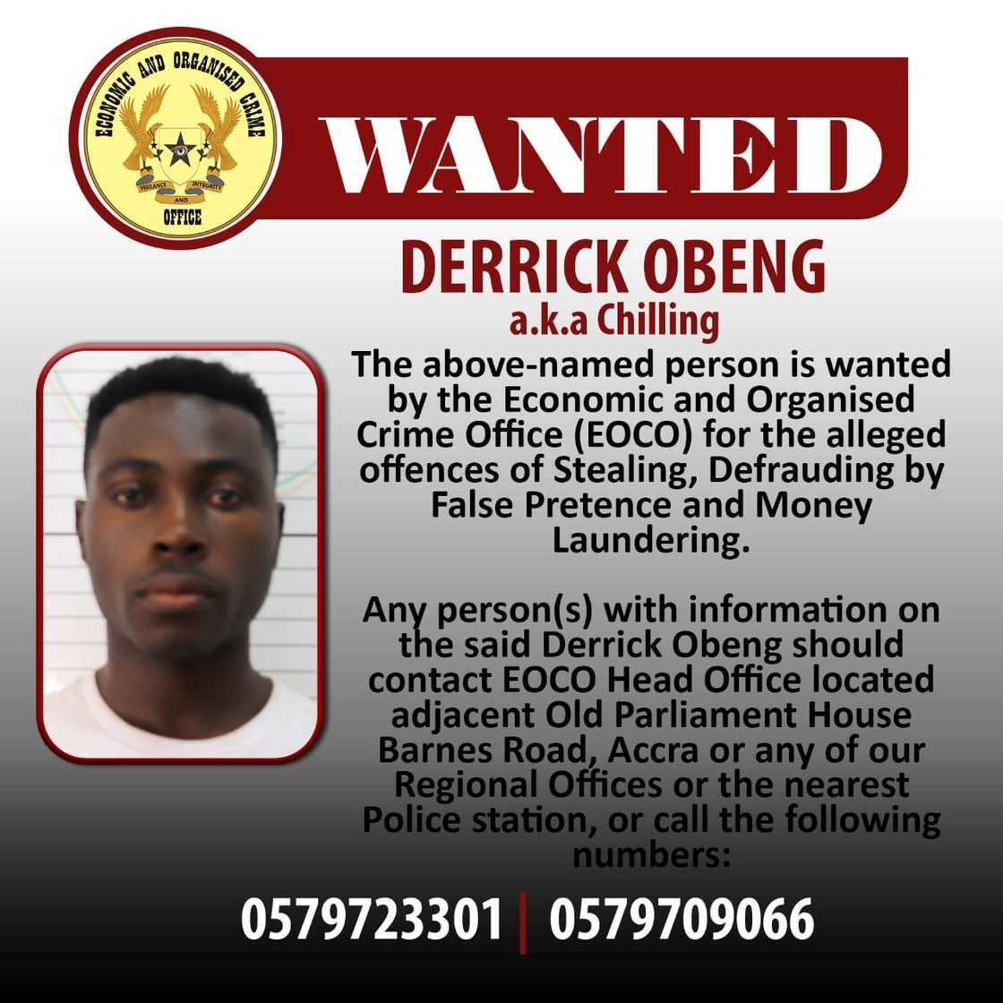 Derrick Obeng is on EOCO's list of wanted criminals. Derrick Obeng is on EOCO's list of wanted criminals.