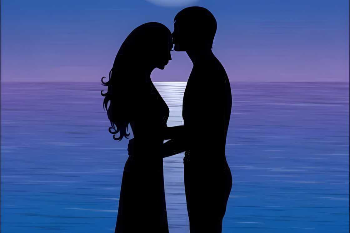 A painting of a couple kissing on the forehead next to a water body A painting of a couple kissing on the forehead next to a water body