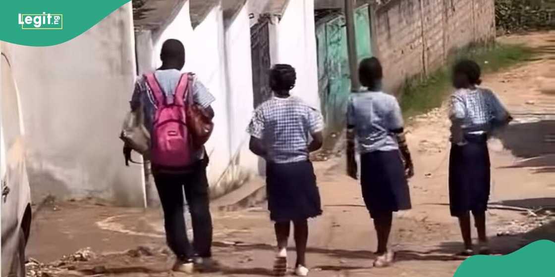 Classmates walk outside the street while young boy carries their bags Classmates walk outside the street while young boy carries their bags