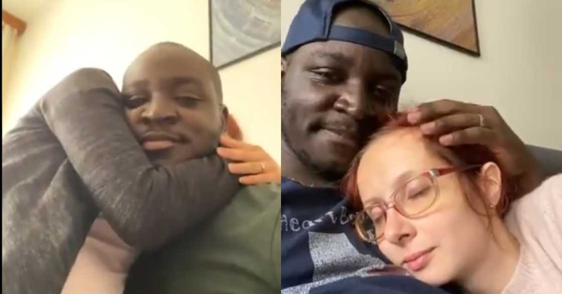 Odo bi y3d3: Ghanaian Shares Video of his Foreign wife Refusing to stop Cuddling him