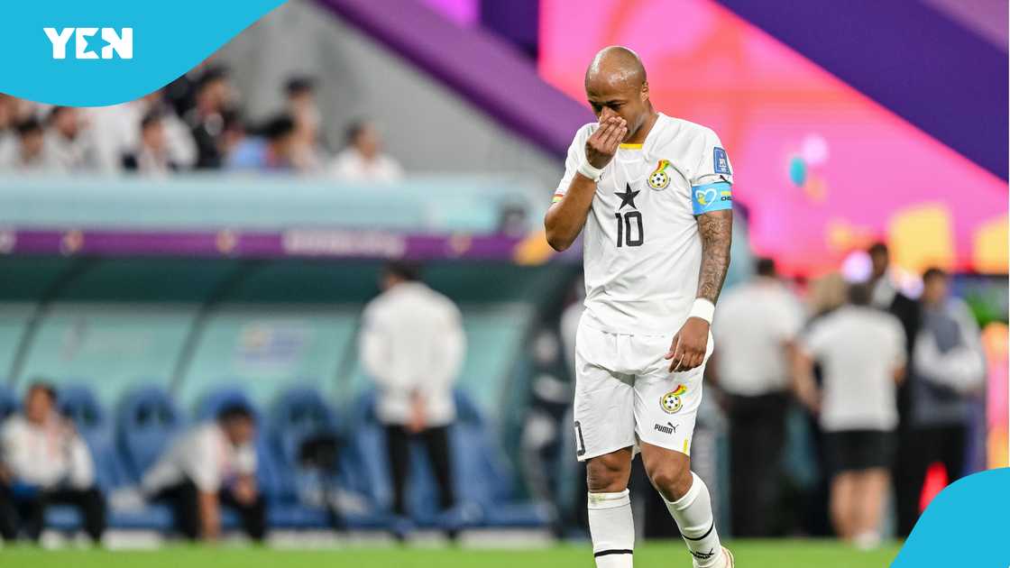 Andre Ayew of Ghana looks on during the FIFA World Cup Qatar 2022 Group H match between Ghana and Uruguay at Al Janoub Stadium on December 2, 2022 in Al Wakrah, Qatar Andre Ayew of Ghana looks on during the FIFA World Cup Qatar 2022 Group H match between Ghana and Uruguay at Al Janoub Stadium on December 2, 2022 in Al Wakrah, Qatar
