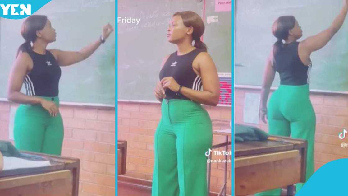 Beautiful and curvy lady teaches in class