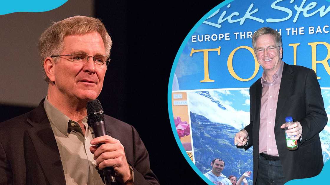 Rick Steves attends the 2014 Los Angeles Travel & Adventure Show (L). He speaks on stage at The Paramount Theatre (R). Rick Steves attends the 2014 Los Angeles Travel & Adventure Show (L). He speaks on stage at The Paramount Theatre (R).