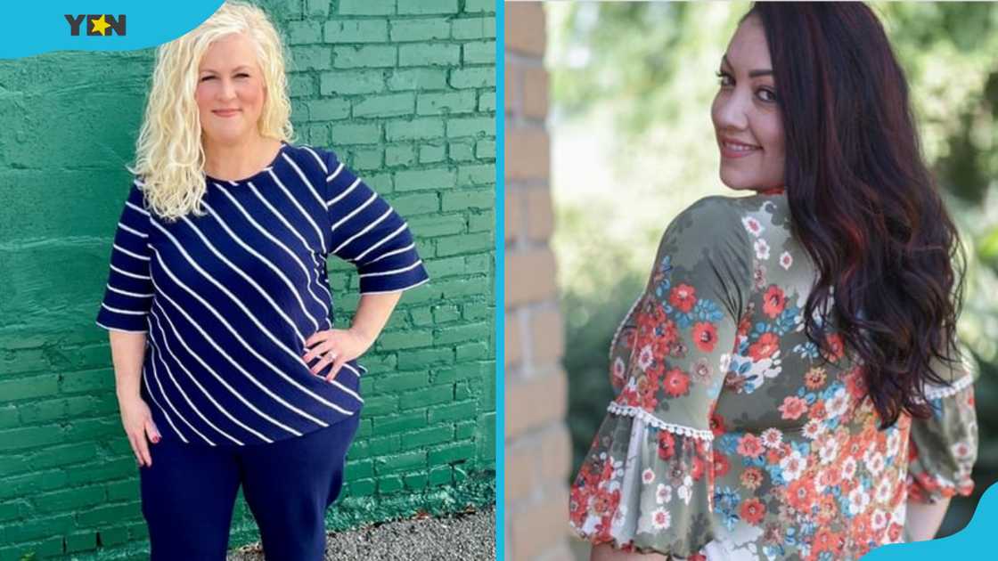 Two women displaying tops with 3/4 sleeves