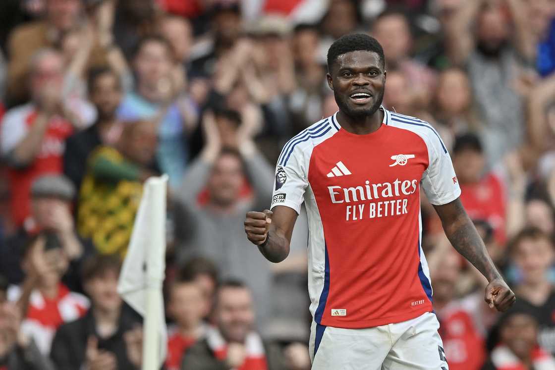 Thomas Partey of Arsenal celebrates after scoring during the Premier League match between Arsenal FC and Brentford FC at Emirates Stadium on April 12, 2025 in London, England