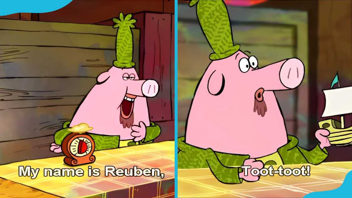 Reuben from "Chowder" is shown introducing himself (L) and holding a toy ship (R).