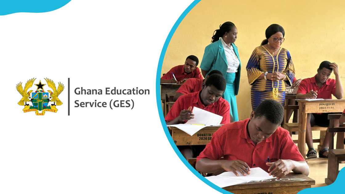 The Ghana Education Service logo and students sitting for an examination The Ghana Education Service logo and students sitting for an examination