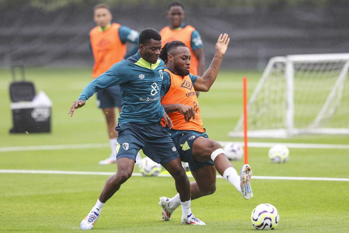 Antoine Semenyo and Dango Ouattara of Bournemouth during a pre-season training session at Vitality Stadium on July 09, 2024 in Bournemouth, England Antoine Semenyo and Dango Ouattara of Bournemouth during a pre-season training session at Vitality Stadium on July 09, 2024 in Bournemouth, England