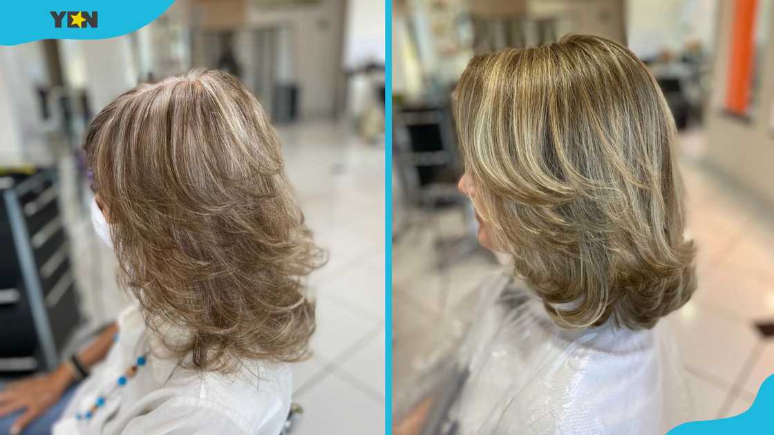 Warm-toned blonde butterfly haircut with light layers (L). Blonde butterfly haircut with light layers (R) Warm-toned blonde butterfly haircut with light layers (L). Blonde butterfly haircut with light layers (R)