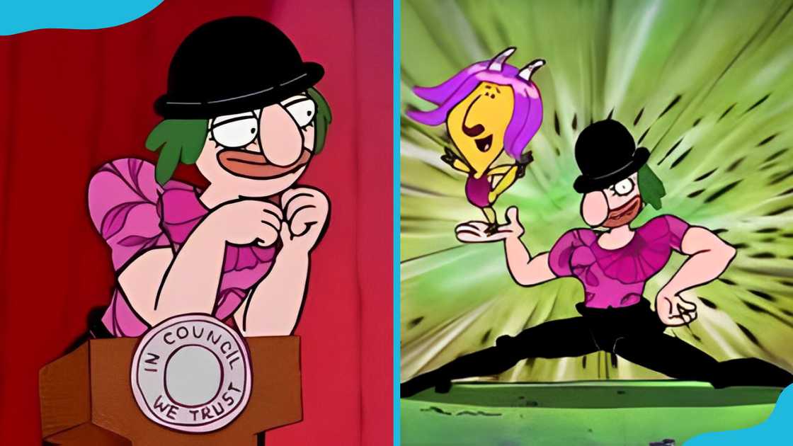 Pâté from "Chowder" at a podium (L) and performing a dramatic pose with Ceviche (R).