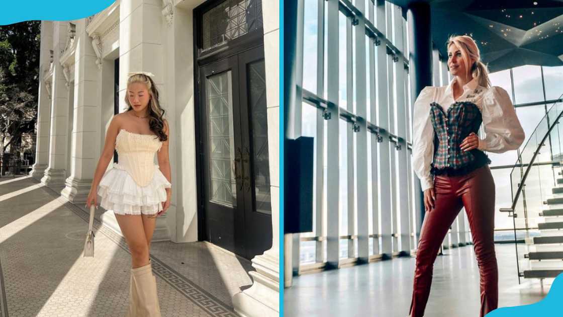 Women in beige and patterned corset tops Women in beige and patterned corset tops