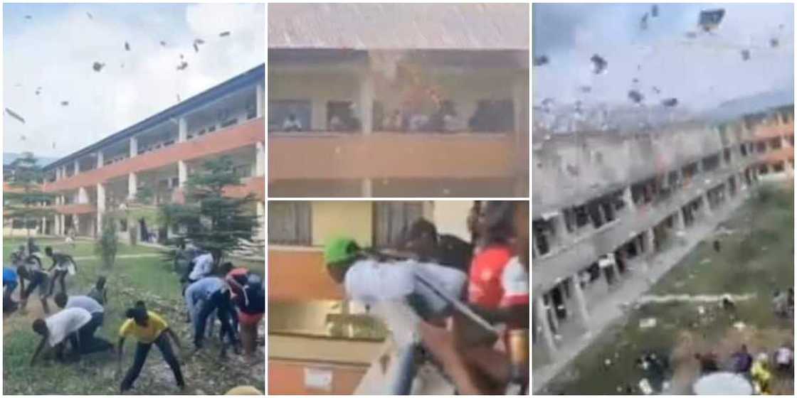 Reactions as man makes it rain from university building balcony, students struggle to pick the flying notes in video Reactions as man makes it rain from university building balcony, students struggle to pick the flying notes in video