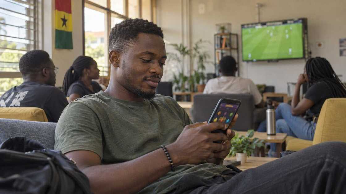 An adult football fan checks his phone as a match plays in the background.