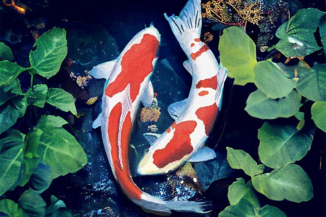 A painting of two fish following each other A painting of two fish following each other