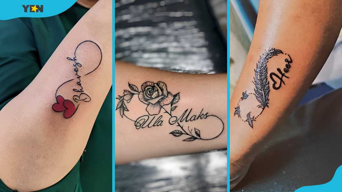 Three women's infinity tattoos with names: With hearts (L), a rose (C), and a feather (R).