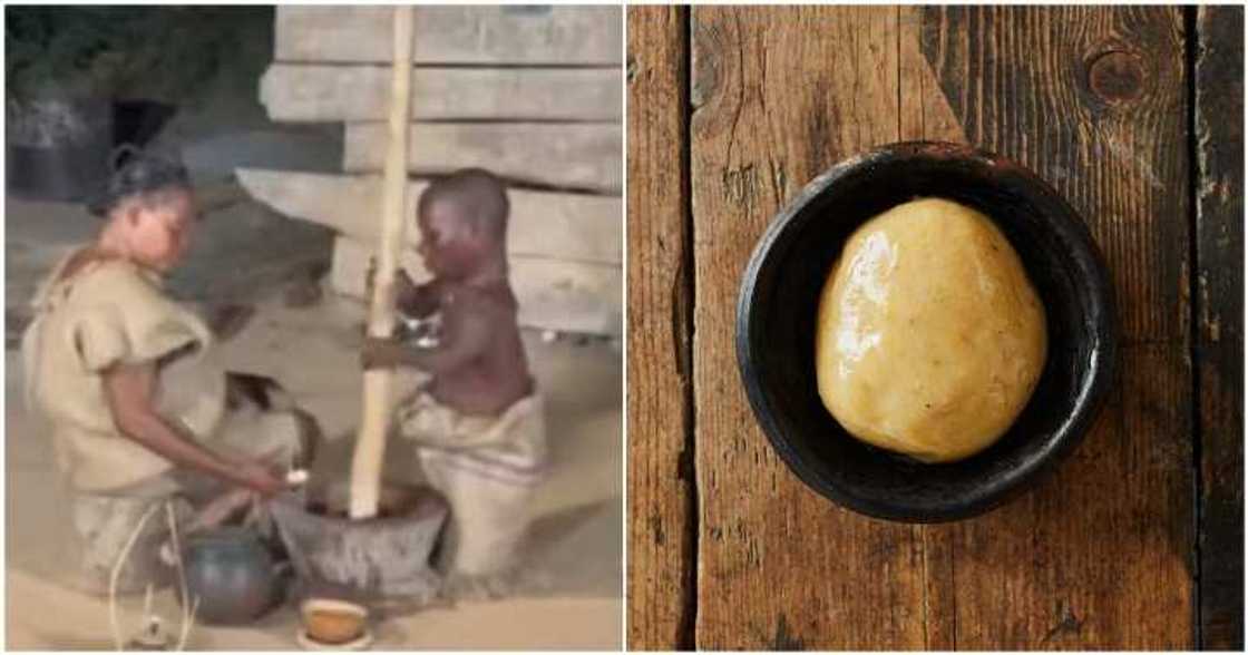 Small man pounds fufu.