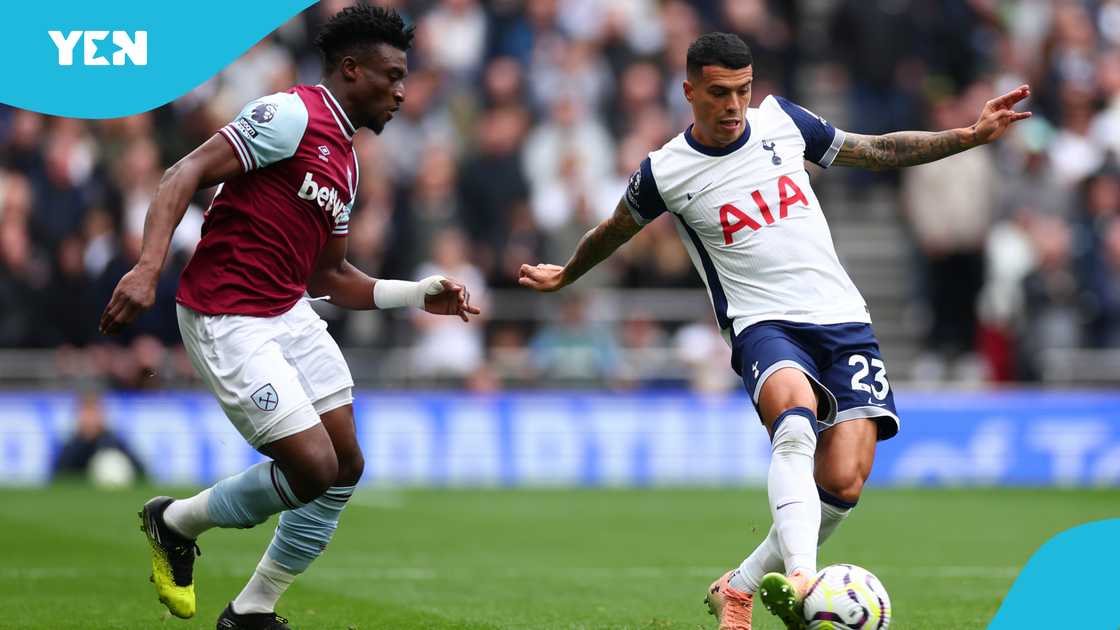 Mohammed Kudus, Pedro Porro, West Ham United, Premier League, Tottenham Hotspur. Mohammed Kudus, Pedro Porro, West Ham United, Premier League, Tottenham Hotspur.