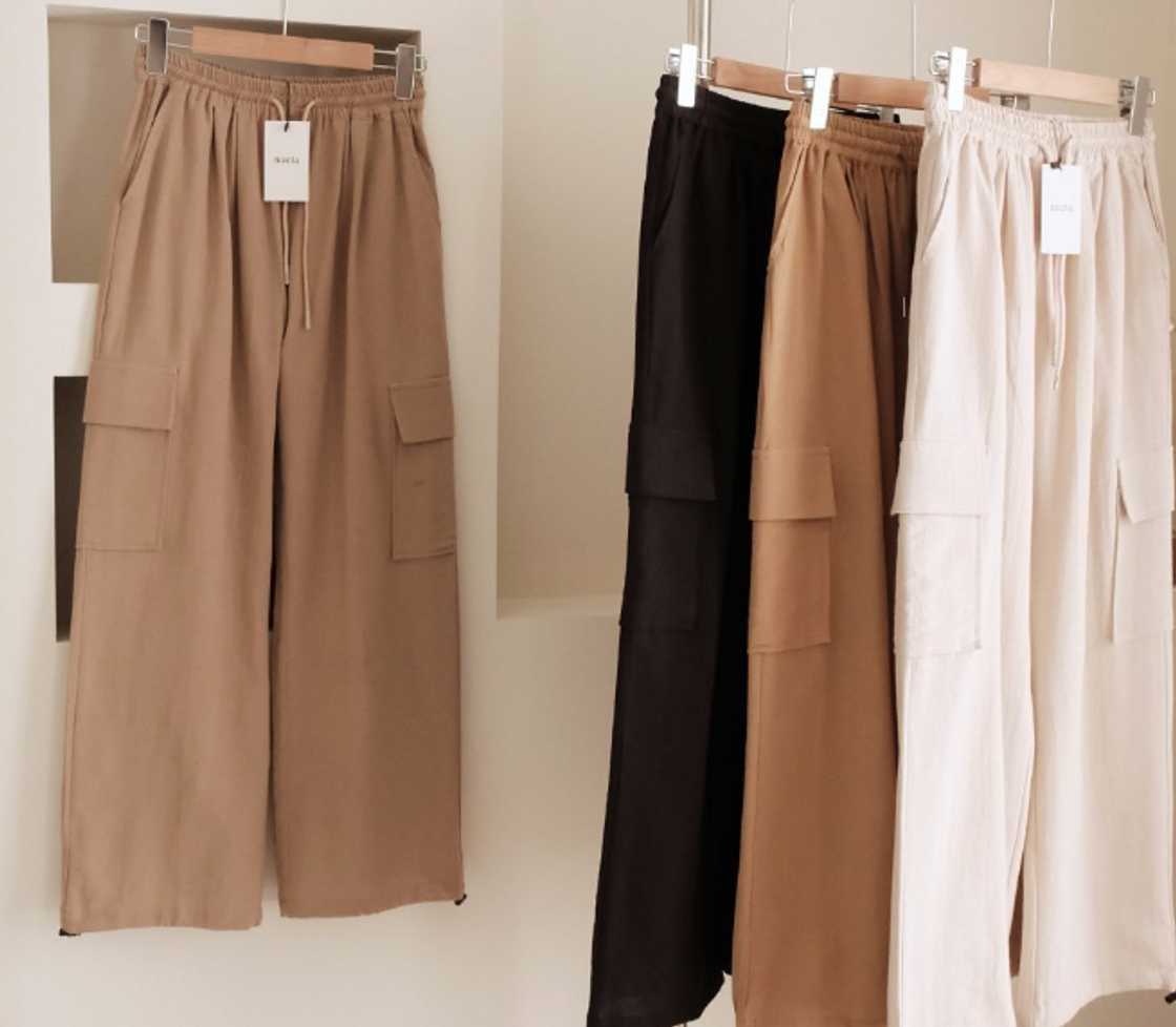 Linen and cotton cargo pants on display