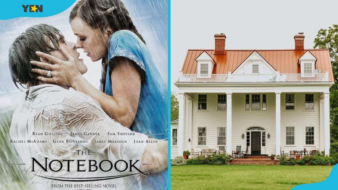 The Notebook promotional poster (left). The Notebook house in South Carolina (right) The Notebook promotional poster (left). The Notebook house in South Carolina (right)