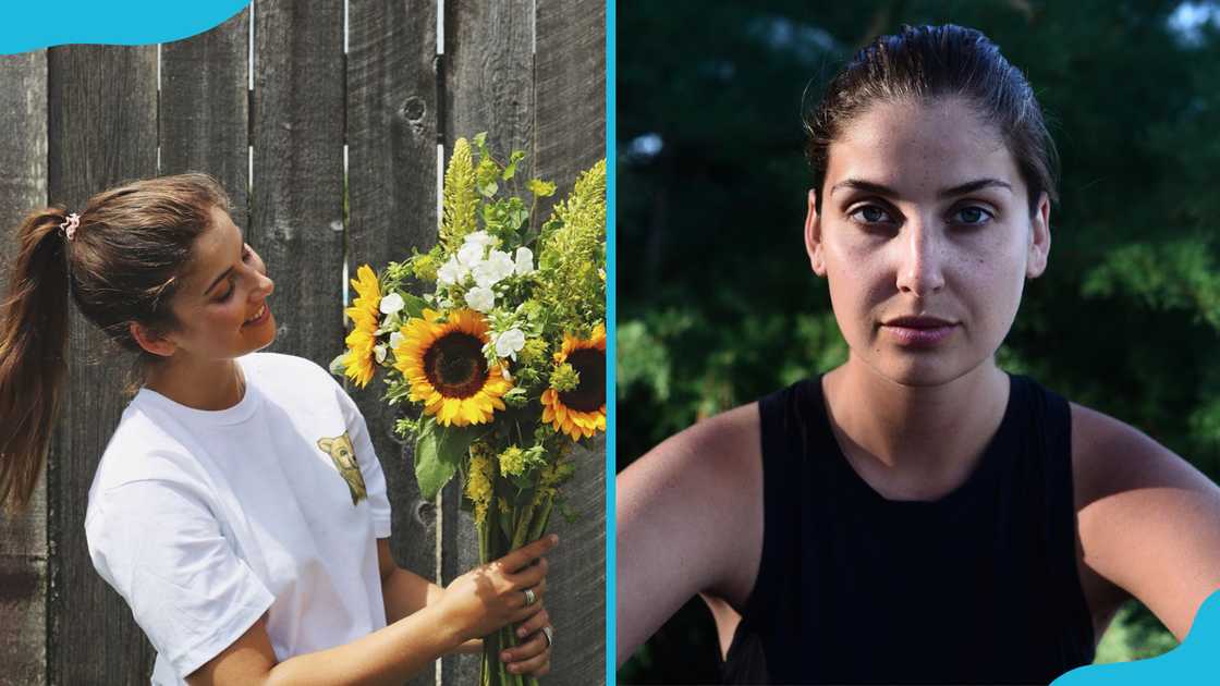 Tess Atkins holding sunflowers (L). Tess poses for a selfie (R) Tess Atkins holding sunflowers (L). Tess poses for a selfie (R)