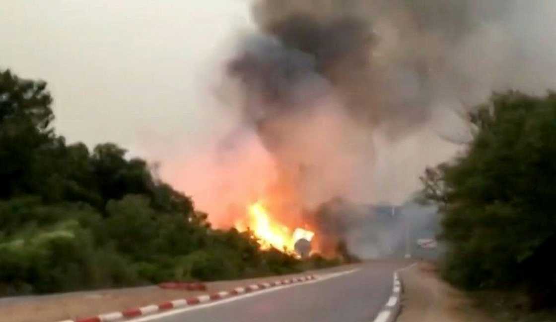 A photo grab from video footage shows a fire raging in Algeria's El Tarf province on August 17, 2022 A photo grab from video footage shows a fire raging in Algeria's El Tarf province on August 17, 2022